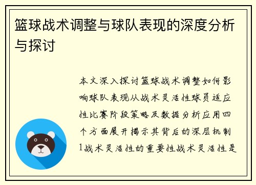 篮球战术调整与球队表现的深度分析与探讨