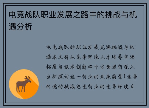 电竞战队职业发展之路中的挑战与机遇分析
