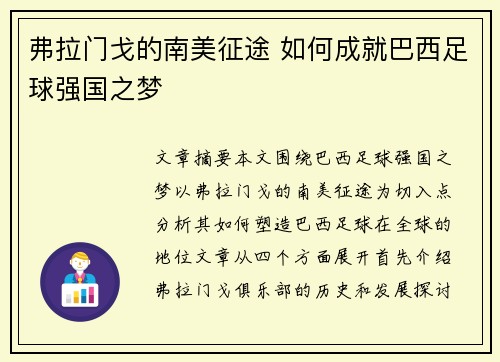 弗拉门戈的南美征途 如何成就巴西足球强国之梦