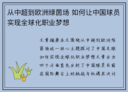 从中超到欧洲绿茵场 如何让中国球员实现全球化职业梦想